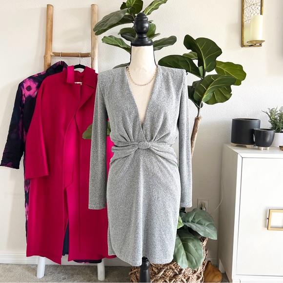 Zara Silver Glittery Knot Front Shoulder Padded Cocktail Holiday Dress NWOT - Picture 8 of 10